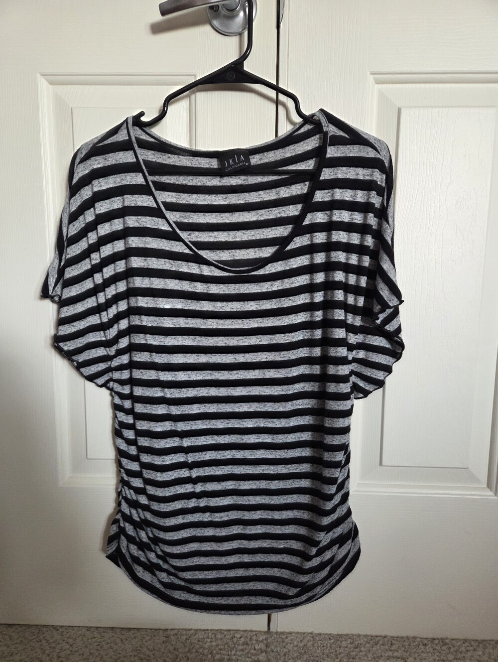 JKLA Largr Black and Gray Striped Women's Scoop Neck Top, Gathers At The Side